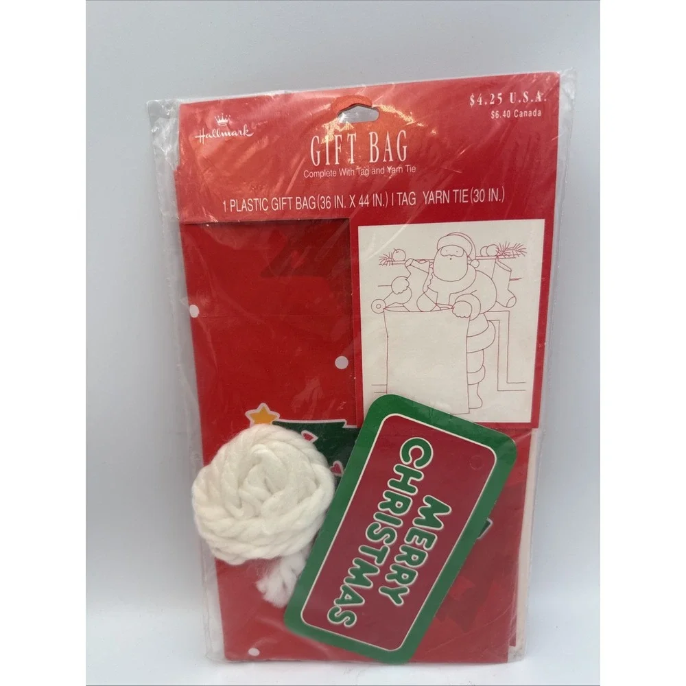 Vintage Giant Christmas Gift Bag 36x44 Plastic Tag Yarn New Made In USA Hallmark